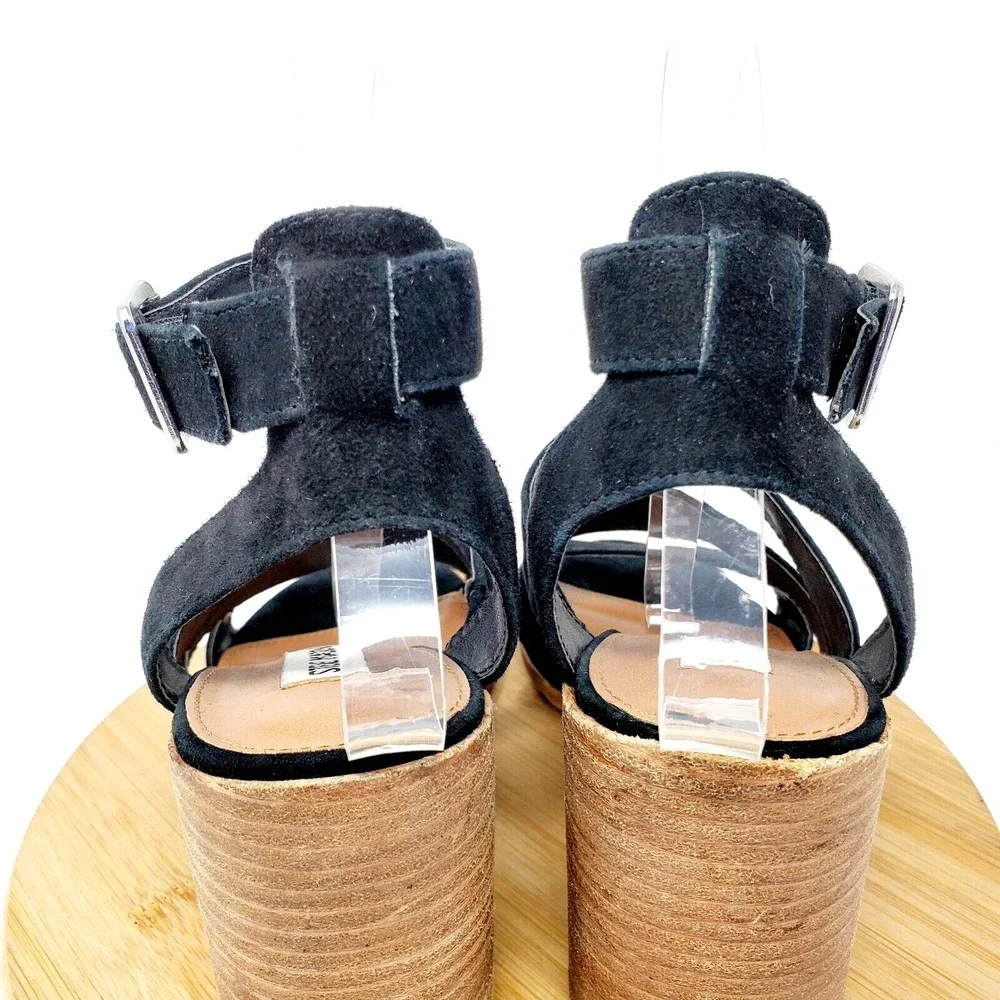 Steve Madden Sandals Womens 7.5 Black Velvet‎ Straps Fishtail Block Heel Shoes